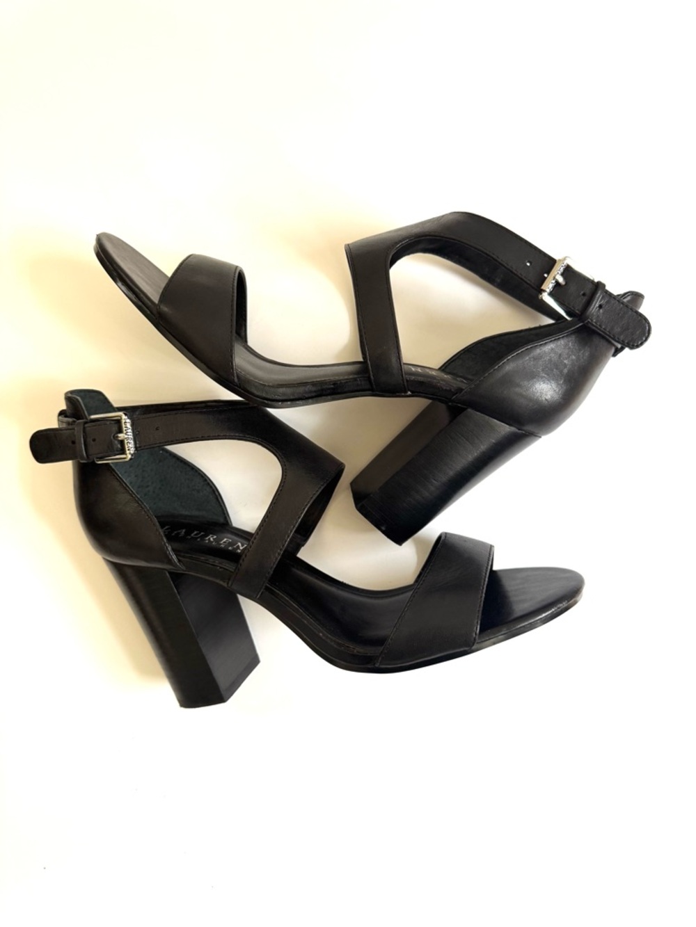 Lauren Ralph Lauren Tahira Black Leather Block Heel Sandals  SZ 8.5